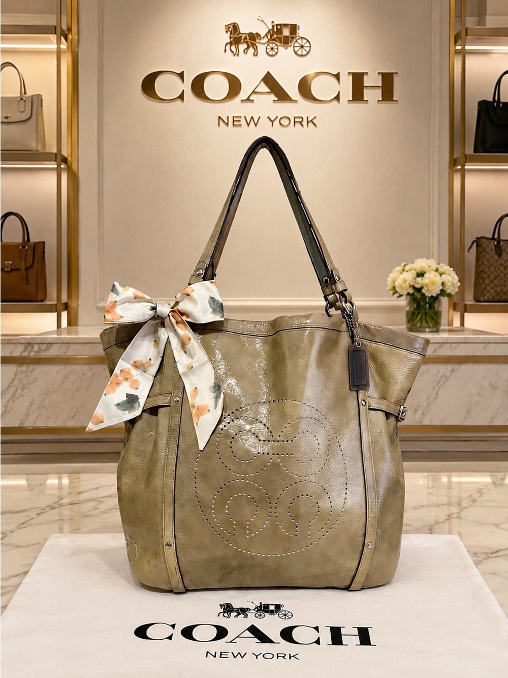 Coach. 3 Piece: Audrey Andie Cinched Tote Bag with Free Dust Bag and Bag Scarf.